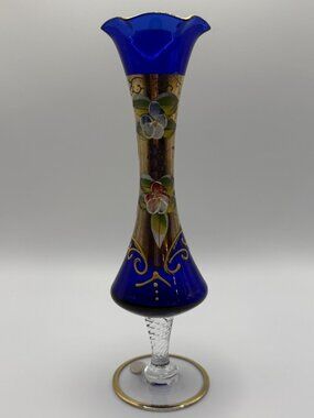 Vintage Enesco  Cobalt Blue Hand Painted Enamel Art Glass Bud Vase